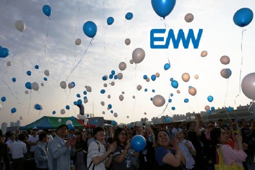 EMW 임직원들이 '2030 중장기 비전 달성을 위한 가치관 선포식'에서 6대 핵심가치 선언 후 풍선을 날리고 있다.
