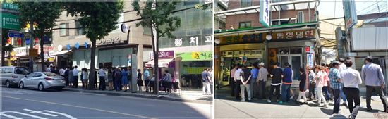 이달 들어 불볕더위가 이어지면서 서울 중구와 마포구의 유명 냉면집 앞에 점심을 먹기 위해 찾아온 손님들이 길게 줄을 서서 순서를 기다리고 있다.