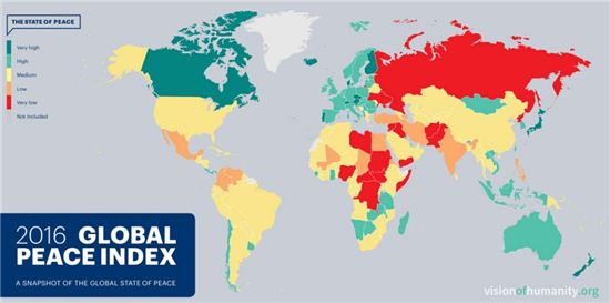 경제평화연구소가 발표한 2016년 세계평화지수. 사진=경제평화연구소 홈페이지 캡처
