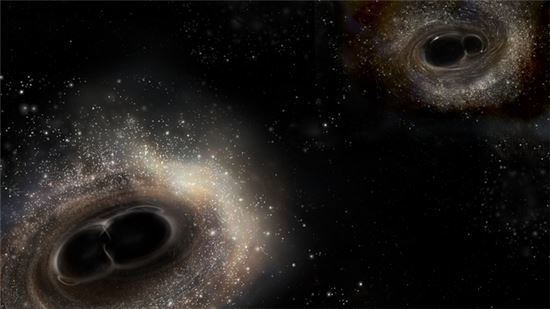 ▲두 개의 블랙홀이 충돌하면서 강력한 중력파가 형성됐고 검출기를 통해 관측됐다.[사진제공=LIGO]