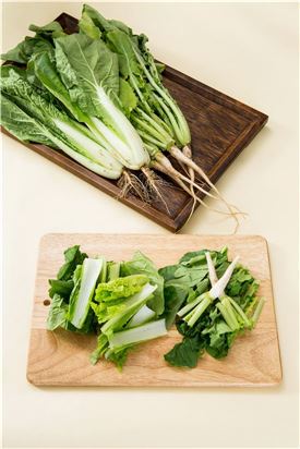 1. 열무와 얼갈이는 다듬어 먹기 좋은 크기로 잘라 절임물에 절인다.
(Tip 중간에 뒤적여 가며 충분히 절인다.)