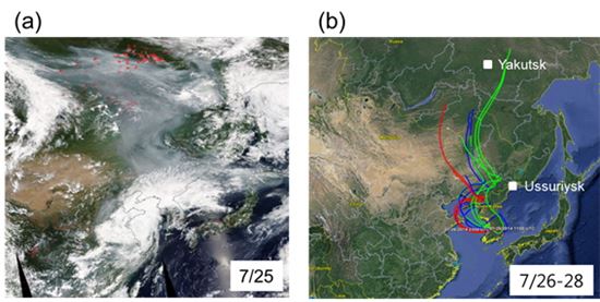 ▲미국 항공우주국(NASA)이 모디스(MODIS) 위성으로 2014년 7월25일 촬영한 동아시아 지역 영상(좌)과 기류 분석을 통한 시베리아 산불의 한반도 유입 경로 분석 결과(우).[사진제공=한국표준과학연구원]