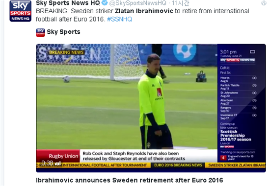 즐라탄, 유로2016 끝으로 스웨덴 국가대표 은퇴…선수생활은 계속