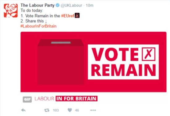 ▲투표 참여와 '유럽연합(EU) 잔류'에 투표할 것을 독려하고 있는 영국 노동당 트위터 계정 [사진 =트위터]