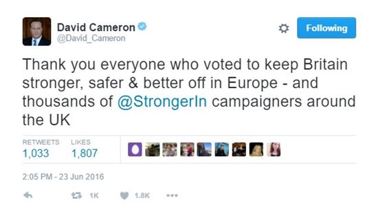 ▲데이비드 캐머런 영국 총리가 트위터에서 감사의 뜻을 표하고 있다. [사진 =트위터]