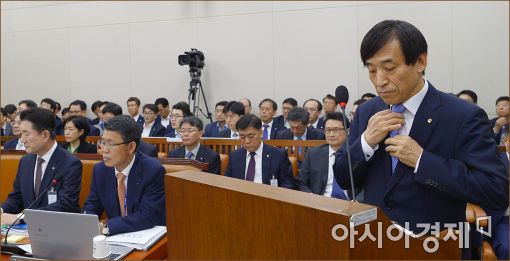 [포토]넥타이 고쳐메는 이주열 총재