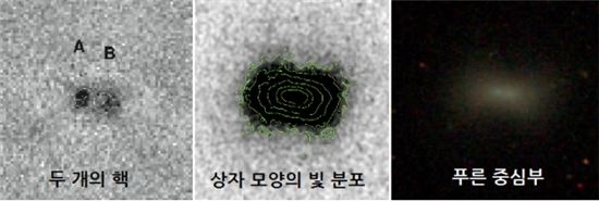 ▲ U141 왜소은하. 두 개의 핵, 은하 빛의 분포가 원이나 타원이 아닌 상자 모양, 은하 중심부의 색이 푸른색(왼쪽부터)의 특징을 보인다. 푸른색은 젊은 별을 의미한다. 새로운 병합과 같은 큰 격변을 거쳤음을 유추할 수 있다.[사진제공=한국천문연구원] 