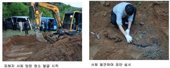 검찰이 충남 홍성의 한 야산의 암매장 현장에서 시체를 발굴하는 모습. 사진출처-대전지검 천안지청