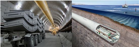 왼쪽부터 유라시아해저터널 내부에서 콘크리트 벽체를 운반하는 모습, 유라시아해저터널 모형도(자료:SK건설) 
 