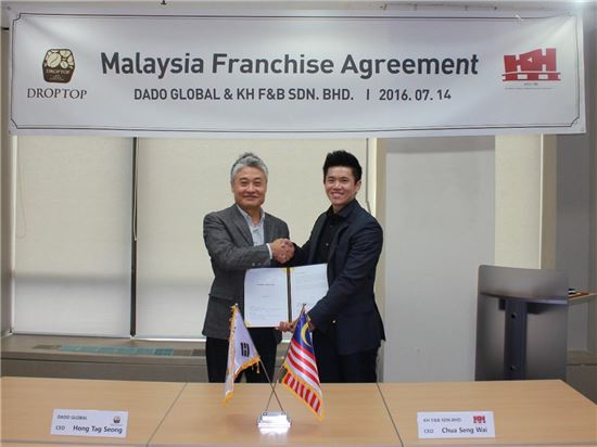 카페드롭탑이 지난 14일 말레이시아 조호르바루에 위치한 ‘KH F&B SDN. BHD’와 가맹 계약을 체결했다. 이날 행사에는 홍탁성 카페드롭탑 대표(사진 왼쪽)가 직접 참석했다. 