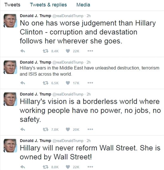 트럼프, 트위터 통해 힐러리 수락연설 맹비난