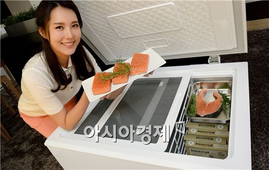 ▲LG전자 모델이 가정용 초저온 냉장고(모델명:A255WD)를 소개하고 있다.(제공=LG전자)