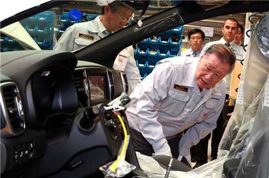 정몽구 현대차그룹 회장이 기아차 슬로바키아 공장을 방문해 생산라인을 둘러보며 생산되는 자동차의 품질을 점검하고 있다.


