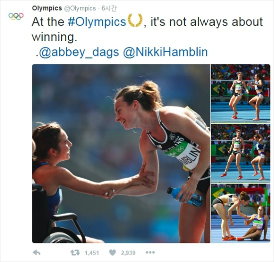 리우 올림픽 육상 여자 5000m 출전 니키 햄블린(뉴질랜드)·애비 다고스티노(미국) /사진=올림픽 공식 트위터 