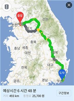 카카오내비는 강원도 회성을 경유하는 서울-부산 경로를 안내했다.