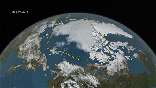 ▲9월10일 현재 북극 해빙이 올해들어 가장 적은 규모인 것으로 조사됐다.[사진제공=NASA]