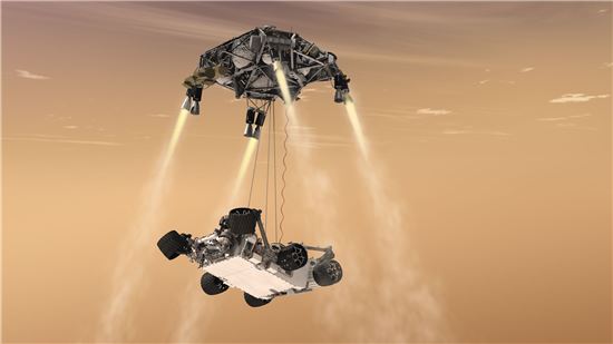 ▲2012년 큐리오시티가 화성에 착륙하는 모습을 상상한 이미지. 2020년 착륙할 새로운 탐사선도 이 같은 시스템을 이용하는데 LVS로 정밀도를 높일 계획이다.[사진제공=NASA]  