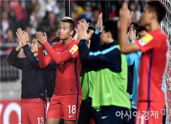 [포토]응원단 향해 박수치는 축구대표팀