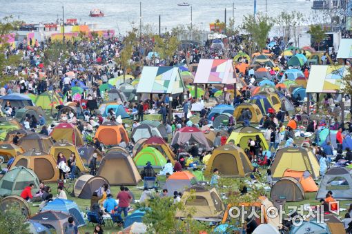 8일 오후 '세계불꽃축제'가 열린 여의도 한강공원 잔디밭 일대에 관광객들이 쳐놓은 텐트가 가득하다.