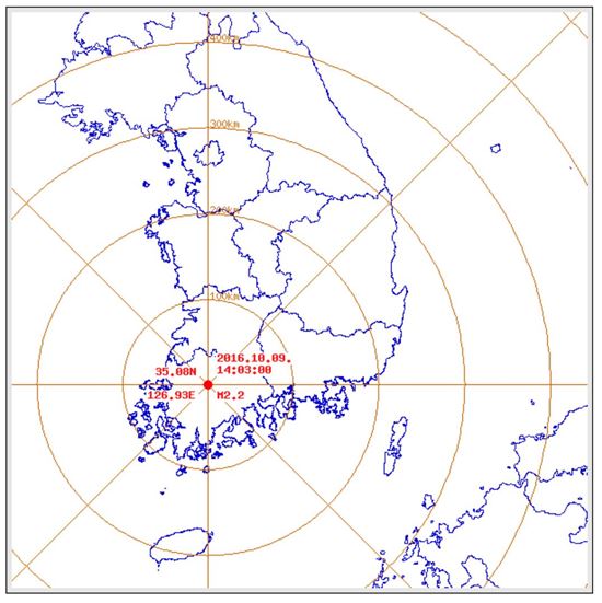 9일 오후 2시3분쯤 광주광역시 동구 남쪽 7km 지역에서 규모 2.2 지진이 발생했다. (사진=기상청 제공)