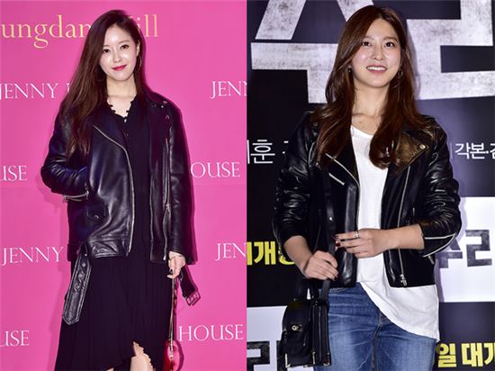 라이더 재킷 착용한 효민(왼쪽), 박세영
