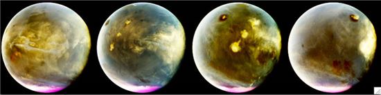 ▲왼쪽은 아침이고 오른쪽은 오후이다. 화성의 주요 화산 위에는 흰 구름이 보인다. 구름은 낮동안 태양 빛을 받아 반짝인다. 화성의 가장 큰 올림푸스 산은 이미지 꼭대기에서 어둡게 보인다. 나머지 작은 화산은 대각선으로 나열돼 있다. 이번 사진으로 화성의 화산에 구름이 얼마나 빠르게 또 어떻게 형성되는 지를 파악할 수 있다.[사진제공=NASA] 
