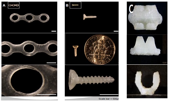 3D 실크프린팅 시스템으로 만든 뼈 고정판, 나사, 클립(자료:농촌진흥청)