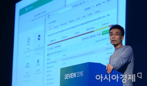 24일 코엑스에서 열린 네이버 개발자 컨퍼런스 '데뷰 2016'에서 송창현 네이버 CTO가 기조연설을 하고 있다. (사진=백소아 기자)