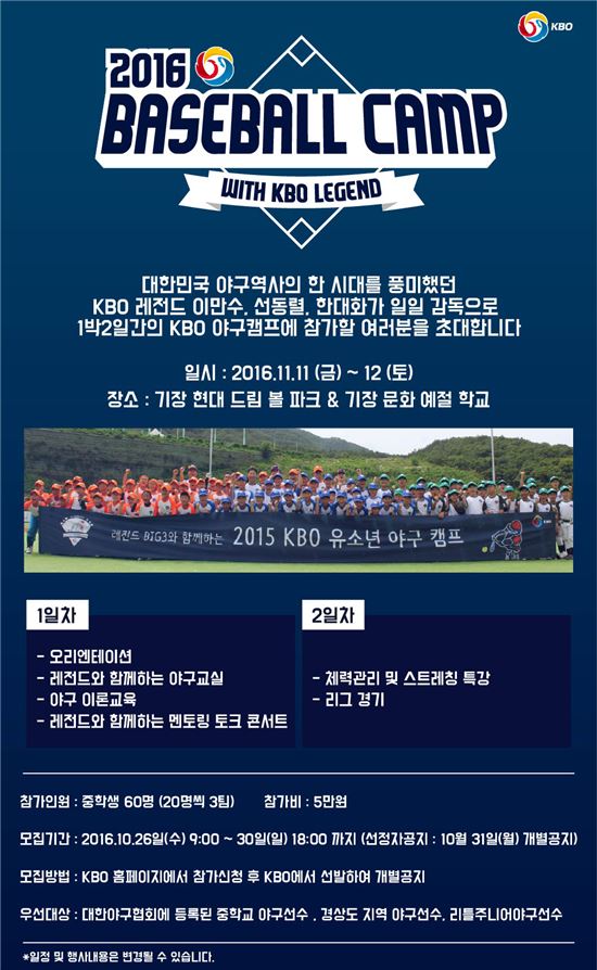 KBO 내달 유소년 야구캠프…이만수·선동열·한대화 참여