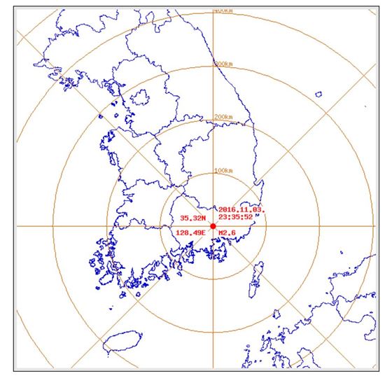 기상청은 3일 오후 11시35분쯤 경남 함안군 북동쪽 9㎞ 지역에서 규모 2.6 지진이 발생했다고 밝혔다. (사진=기상청 제공)