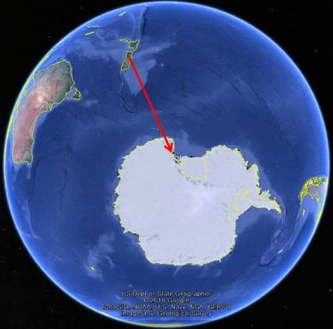 ▲뉴질랜드 크라이스트처치에서 수송기로 약 7시간 비행한 뒤 남극 장보고 과학기지에 도착한다.[사진제공=구글어스]  
