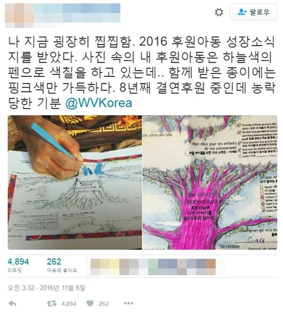 월드비전 후원과 관련해 한 네티즌이 의문을 제기했다/사진=트위터 캡처