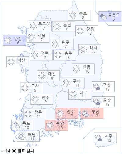 아경 오늘의 날씨와 미세먼지 (오후)