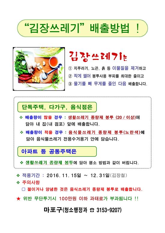 마포구, 김장 쓰레기 특별 수거기간 운영