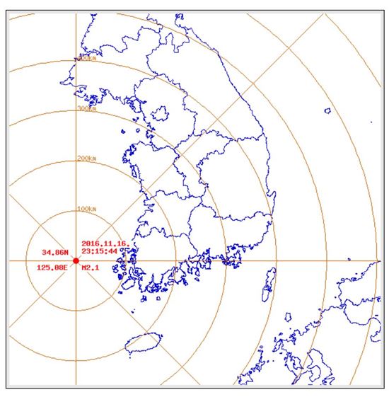 기상청은 16일 오후 11시15분쯤 전남 신안군 흑산면 서북서쪽 43㎞ 해역에서 규모 2.1 지진이 발생했다고 밝혔다. (사진=기상청 제공)