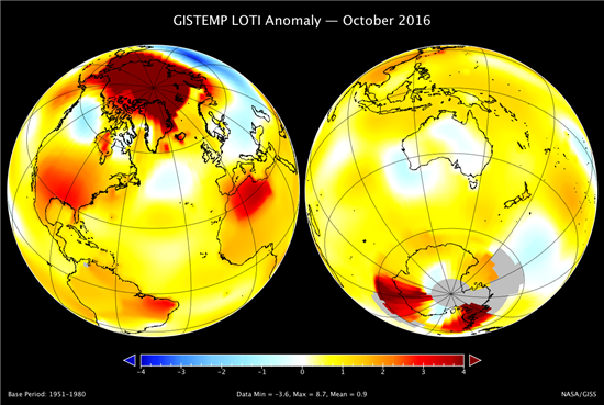 ▲올해 10월이 기상관측이래 두 번째로 더운 10월로 기록됐다.[사진제공=NASA]