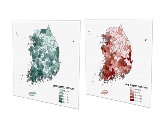 ▲3구간(2009~2013년)의 갑상선 암 전국지도. 색이 짙을 수록 많이 발생하는 지역이다.