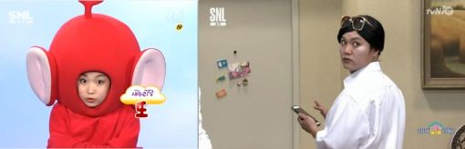 tvN 'SNL코리아'의 여의도 텔레토비(좌)와 최순실 패러디(우)/사진=tvN 'SNL코리아' 캡처