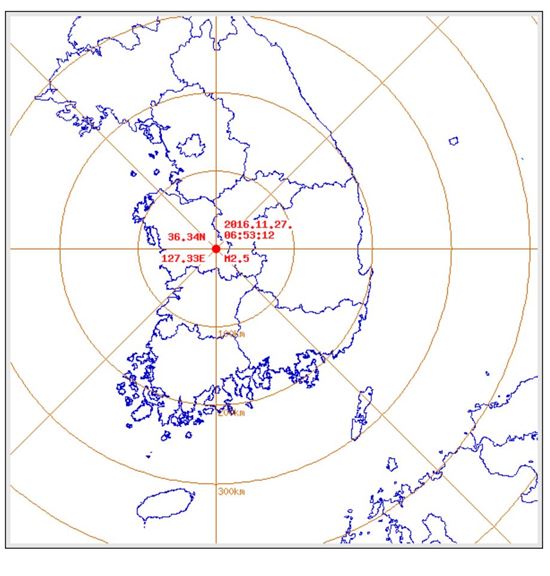 기상청은 27일 오전 6시53분쯤 대전 유성구 남서쪽 3㎞ 지역에서 규모 2.5 지진이 발생했다고 밝혔다. (사진=기상청 제공)