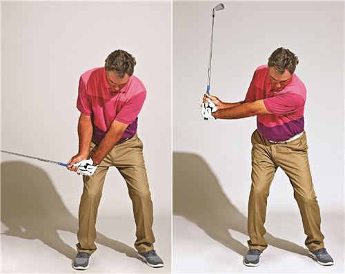 <사진1> 테이크어웨이에서 왼쪽 팔을 쭉 피고(왼쪽), 백스윙 초반에 손목을 꺾는다(오른쪽). 사진=골프다이제스트