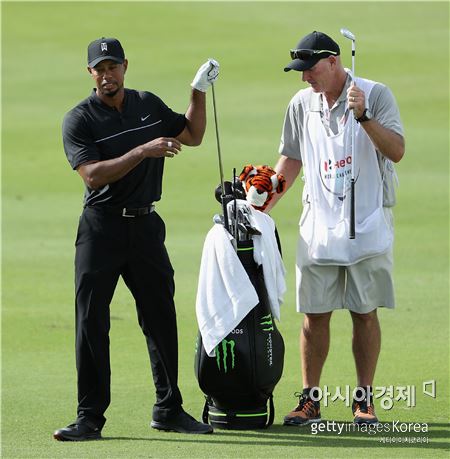 타이거 우즈가 히어로월드챌린지 첫날 10번홀에서 클럽을 선택하고 있다. 바하마=Getty images/멀티비츠 
