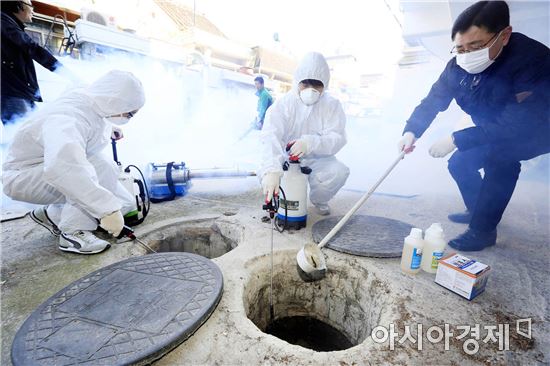 [포토]광주 북구 보건소, 모기 유충구제 방역 활동