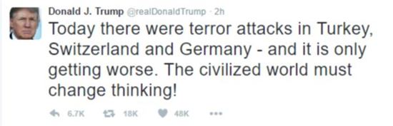 ▲터키 테러를 언급하며 "문명 사회가 생각을 바꿔야 한다"고 주장하는 트럼프의 트위터. (사진 = 트위터 캡쳐)