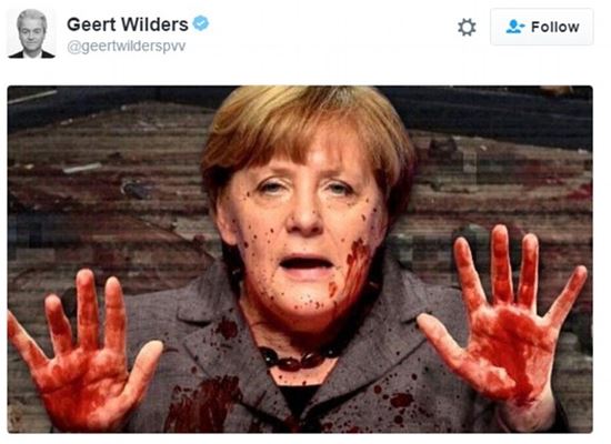 ▲유럽에서 늘고 있는 난민 관련 범죄는 '겁쟁이 메르켈' 때문이라고 비판하고 있는 헤이르트 빌더르스  네덜란드 자유당(PVV) 대표의 트위터 