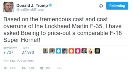 ▲록히드 마틴의 F-35기가 너무 비싸다며 보잉사에 가격을 문의했다는 트럼프의 트윗. 