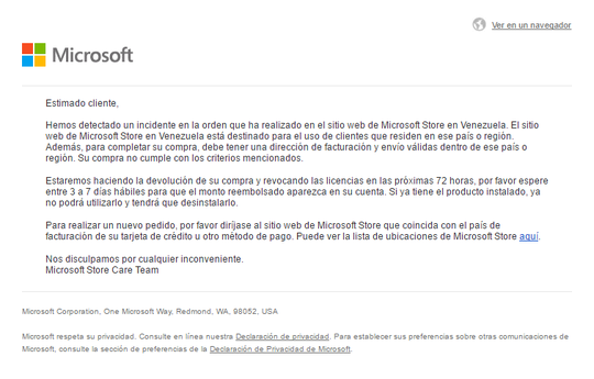 베네수엘라 MS스토어 측에서 보낸 환불 및 회수 조치를 안내하는 이메일