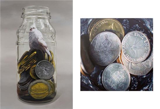 노재림, Coins in the bottle 2-이데아.비둘기2, 160x106.7cm, Oil on canvas, 2015(사진 왼쪽), My passioned love song 2, 130x130 cm, oil on canvas, 2013(사진 오른쪽) 