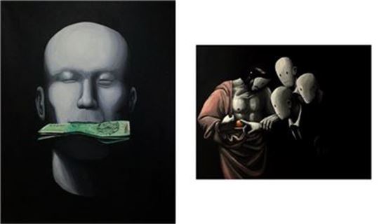 채정완, 고사, 137x91cm, Acrylic on canvas, 2015(사진 왼쪽), 보여주고 증명하다, 112.5x145.5cm, Acrylic on canvas, 2015(사진 오른쪽) 