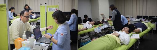 한미약품의 헌혈캠페인이 올해로 37년째를 맞았다. 사진은 한미약품 본사 임직원들이 2일 헌혈캠페인에 참여하고 있는 모습.