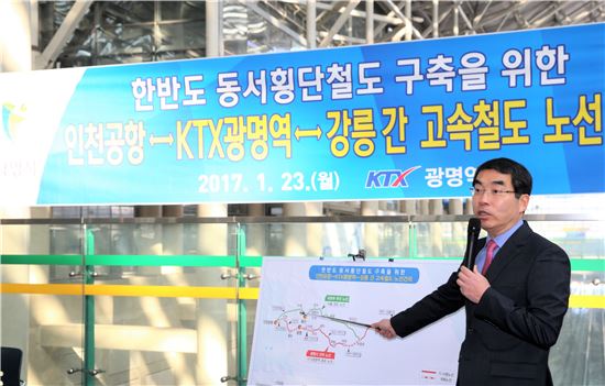 양기대 광명시장이 한반도 동서횡단철도의 kTX광명역 경유 타당성에 대해 설명하고 있다. 
